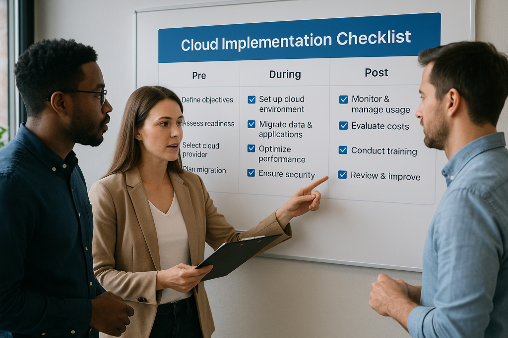 cloud implementation checklist with pre, during, and post-steps