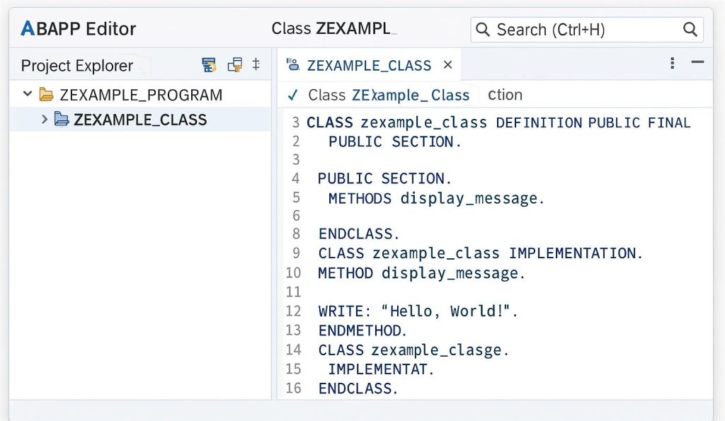 what is SAP ABAP- editor screenshot showing Hello World program in Eclipse